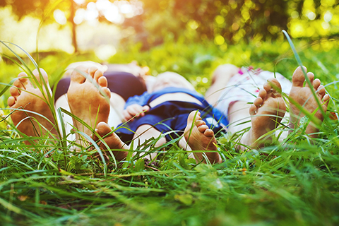 Familie liegt im Gras
